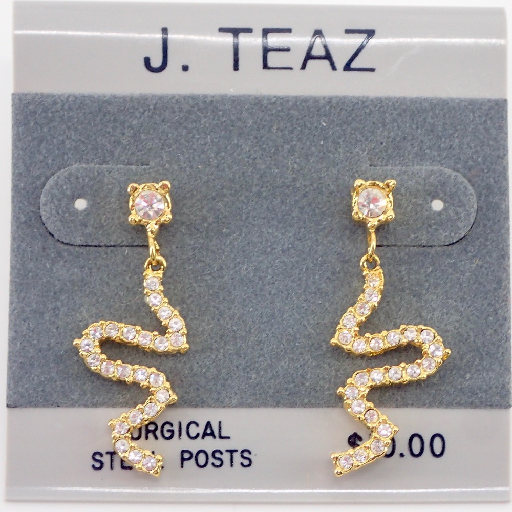 J. Teaz Gold and Diamond Snake Earrings 1"  New with tags Surgical Steel Post
